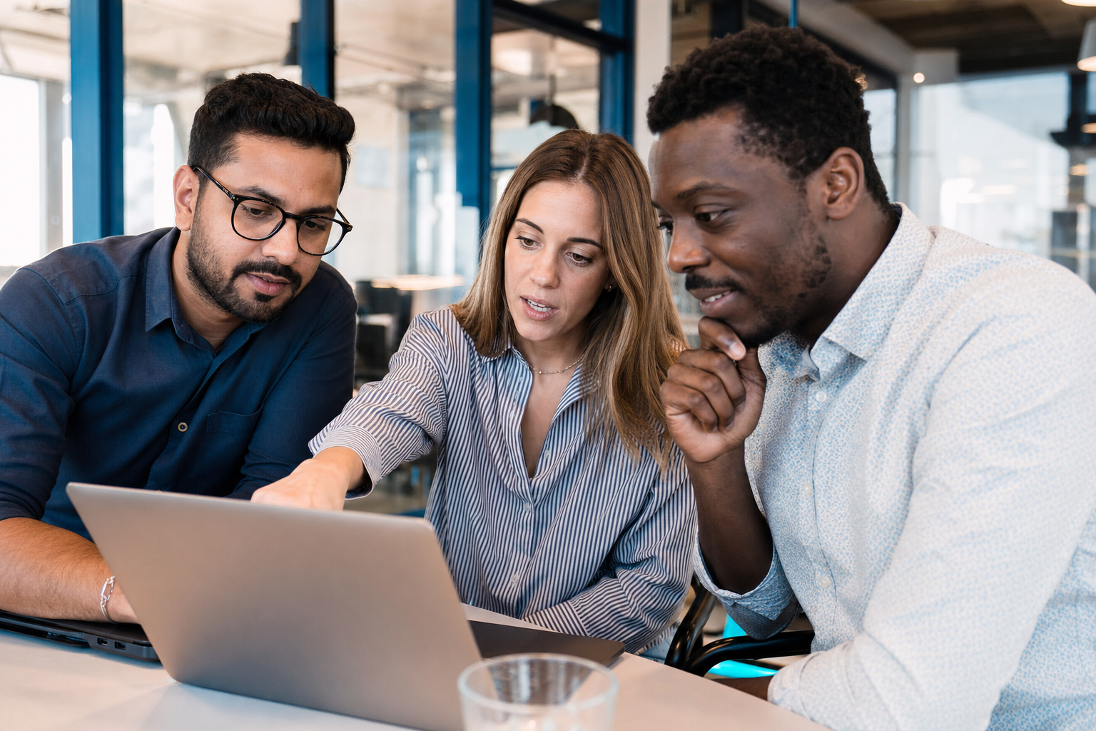 ScaleView team collaborating around a laptop in a modern office
